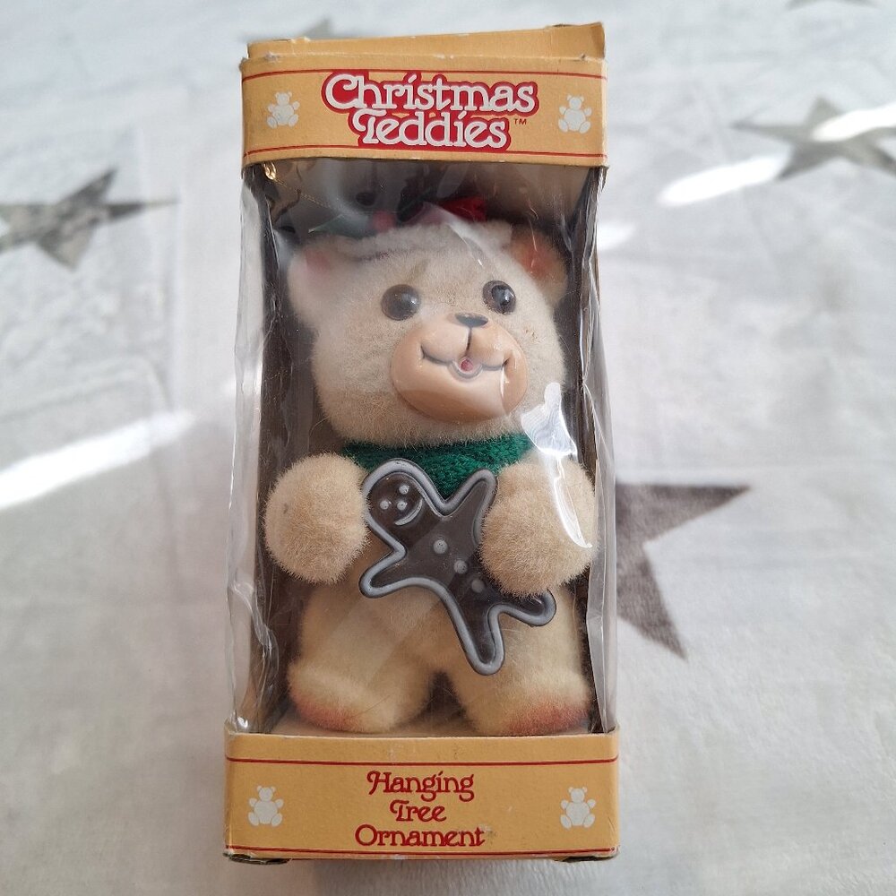 Jasco Holiday Flocked Velvet Christmas Teddies‎ Ornament 4" Teddy Bear w/ Cookie